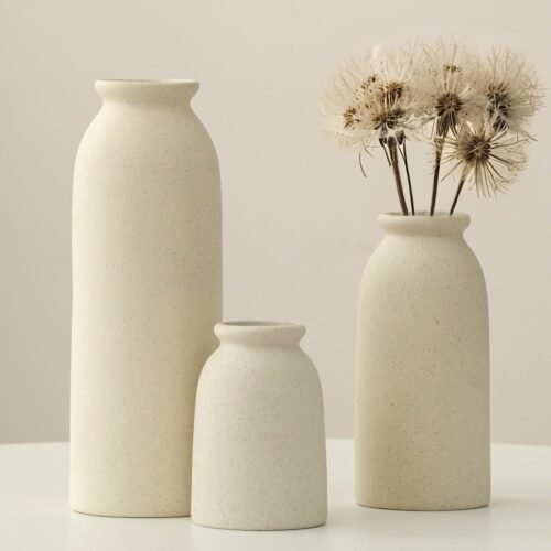 Ceramic Vase Set-3, Small Flower Vases for Decor, Modern Boho Farmhouse Style, Decorative Vases for Pampas Grass & Dried Flowers, Distressed Finish (Beige)