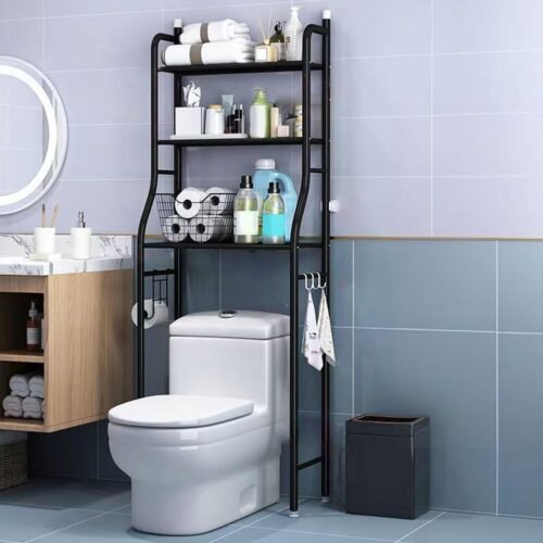 3-Tier Over The Toilet Storage, Freestanding Metal Bathroom Shelves, Above Toilet Storage Rack with Hooks and Paper Holder, Space-Saving, for Bathroom Restroom Laundry, Black