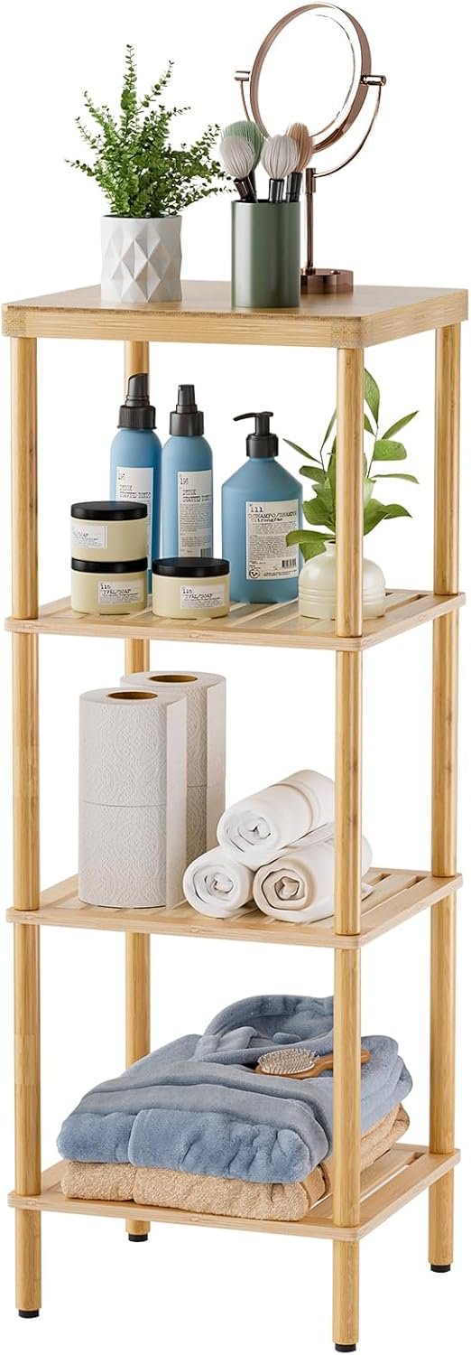 Bamboo Bathroom Shelf, 4-Tier Bathroom Storage Shelf, Multifunctional Storage Rack for Living Room Bedroom Kitchen, Space Saver