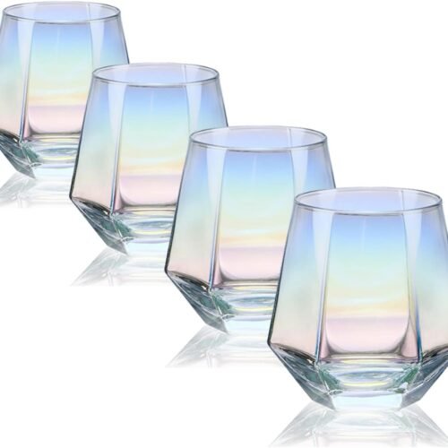 Stemless Wine Glass Set Of 4(10 Oz),Iridescent Glassware,Modern Rainbow Wine Glass For Serving White Wine, Red Wine, Cocktail, Whiskey, Bourbon, Cool Water