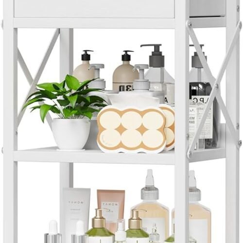 Bathroom Floor Cabinet, 5-Tier Bathroom Storage Organizer Rack with Drawer, Multifunctional Corner Unit, 47.24 Inches in Height, White