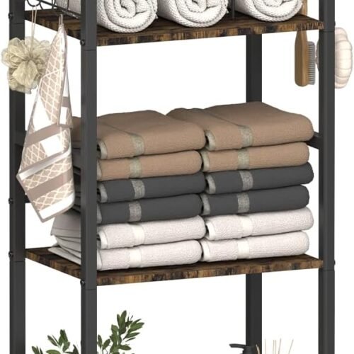 Free Standing Towel Racks for Bathroom with U-Shaped Detachable Dividers, 3-Tier Floor Towels Holder Stand with Shelf & 8 S-Hooks, Metal Pool Towel Storage Organizer for Home, Poolside, Black