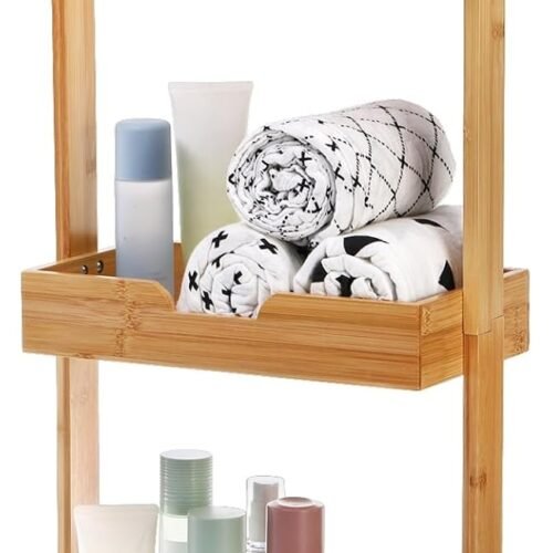 3 Tire Shower Caddy Stand, Bamboo Shower Floor Organizer Corner with Sliding Wheels, Bathroom Caddy Shelf Rack for Bathtub, Office, Kitchen