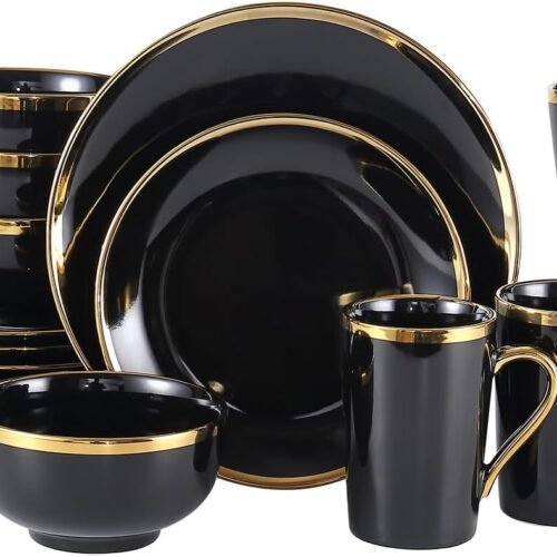 Modern Porcelain 16 Piece Black and Gold Dinnerware Set, Plates and Bowls Set,Dish set for 4, Black and Golden Rim.
