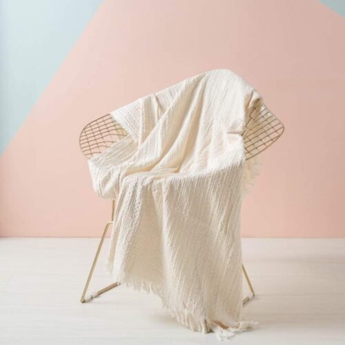 100% Cotton Throw Blanket for Couch, Bed, Waffle Weave Cable Knit Blanket with Tassels, Soft Lightweight Pre-Washed Breathable Cozy Blanket Farmhouse Decoration for All-Season (White)