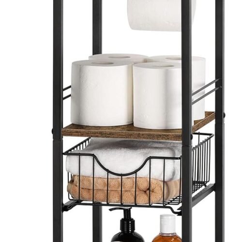 Small Bathroom Floor Storage Cabinet 3 Tier Corner Storage Organizer with Drawer Freestanding Bathroom Towel Storage Unit for Small Space Laundry Room Entryway Kitchen, Rustic Brown