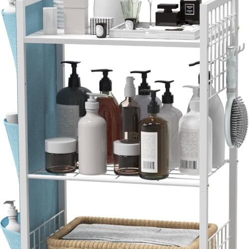 Bathroom Shelves Storage Oragnizer with Side Storage Bag and Hooks, Freestanding Storage Shelves, 3-Tier Bathroom Shelf with Fences, Corner Open Floor Shelves, White