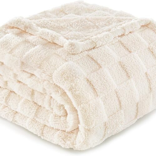 Fleece Throw Blanket for Couch,Super Soft and Warm Lightweight Checkered Pattern Blankets for All Seasons, 50x60 Inches, Ivory