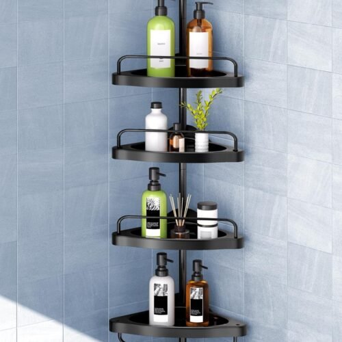 Corner Shower Caddy Tension Pole: Adjustable Stainless Steel Shower Organizer 4 Tier Shelf for Bathroom Bathtub Shampoo - Floor Standing Rack Bath Storage Holder with Rust Proof Rods - Black