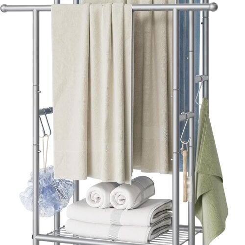 3 Tier Standing Towel Rack, 40'' Tall Towel Drying Rack Outdoor, Freestanding Floor Towel Rack with Shelf, Pool Towel Blanket Stand, Metal Towel Racks for Bathroom freestanding, Smooth Silver