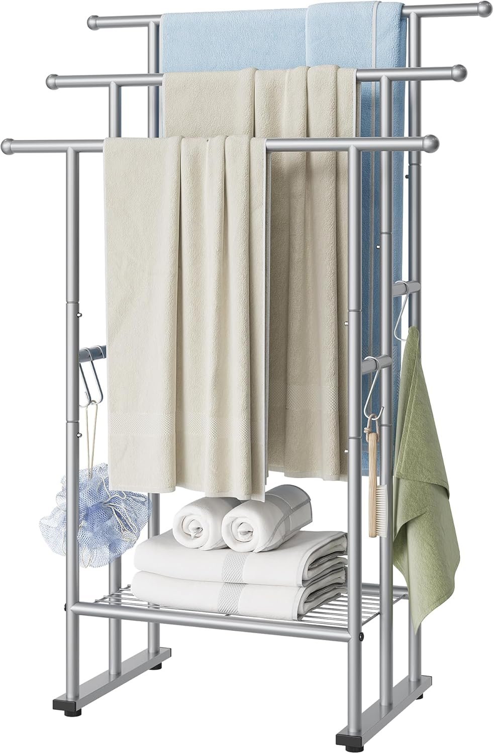 3 Tier Standing Towel Rack, 40'' Tall Towel Drying Rack Outdoor, Freestanding Floor Towel Rack with Shelf, Pool Towel Blanket Stand, Metal Towel Racks for Bathroom freestanding, Smooth Silver