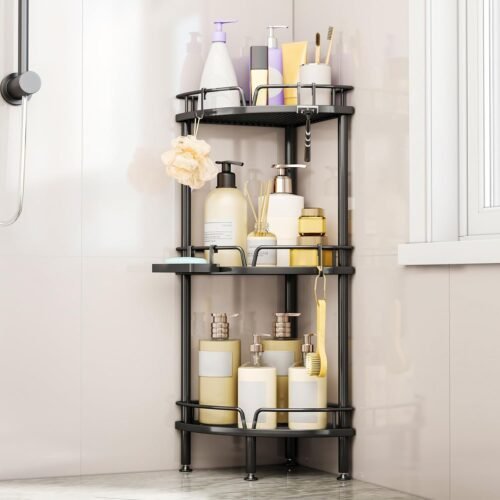 Corner Shower Caddy Stand - 3 Tier Shower Organizer with Soap Holder, Tall Floor Corner Shelves Standing with Adjustable Feet & 4 Hooks, Storage Rack for Bathroom Black
