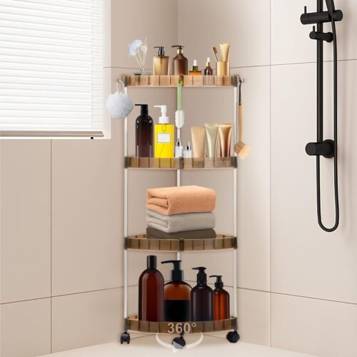 4 Tier Floor Standing Corner Shower Caddy, Bathroom Organizer Shelf with 10 Hooks and Wheels, Rustproof Bathroom Standing Rack Large Capacity Plastic Corner Shelf for Bathtub Kitchen