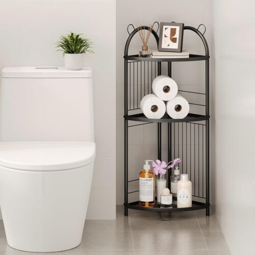 Corner Bathroom Shelf Metal Short Corner Stand Shelf Black Small Bathroom Storage Corner Shelf Unit for Toilet Shower Room 3 Tier
