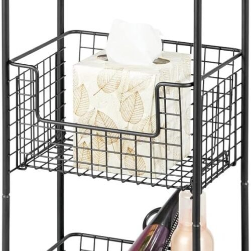Steel Freestanding Storage Organizer Tower Rack Basket Shelf, Metal 3-Tier Furniture Unit for Master/Guest Bathroom, Powder Room - Holds Bath Towels, Soap -  Collection - Black