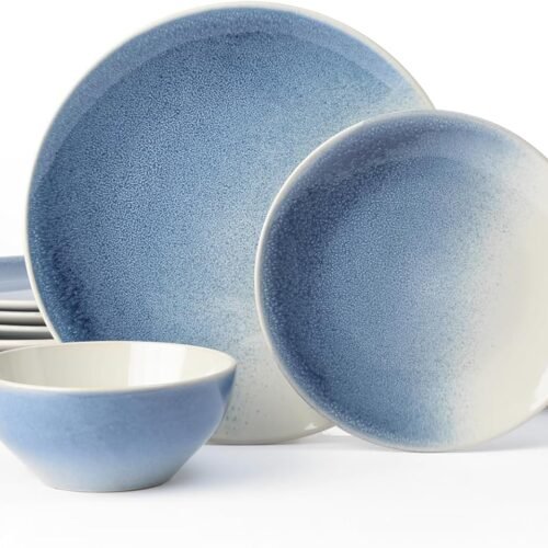 Stoneware Dinnerware Sets, Plates and Bowls Sets, 12 Pieces Kitchen Dishes Set for 4 - Dishwasher and Microwave Safe, Chip and Scratch Resistant, Azure Blue