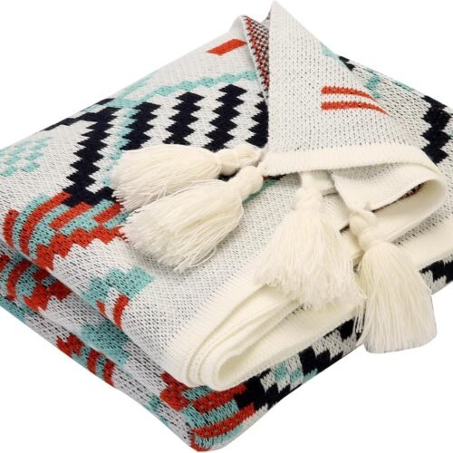 Orange Toile Boho Throw Blanket,Knitted Tassel Throw Blanket,Soft Lightweight Air Conditioning Blanket for Sofa Couch Bed and Living Room- All Seasons(Bright Orange)