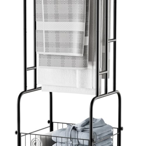 Towel Racks for Bathroom, 42" H 3-Tier Durable Black Reinforced Alloy Stand with Wheels and Basket, Free Standing Towel Rack, Multi-Use Blanket Rack for Indoor/Outdoor Bathroom Display