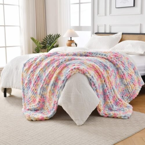 Ultra Soft Chunky Knit Blanket Throw -50X70 Hand Knitted Warm Chenille Throw Blanket, Home Decor Soft Thick Yarn Cable Knit Blanket Breathable Fleece Banket Christmas for Couch Bed Sofa Best GIF