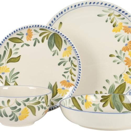 Oprah's Favorite Things -  Double Bowl Hand Painted Stoneware Plates and Bowls Floral Dinnerware Set, Service for Four (16pcs)