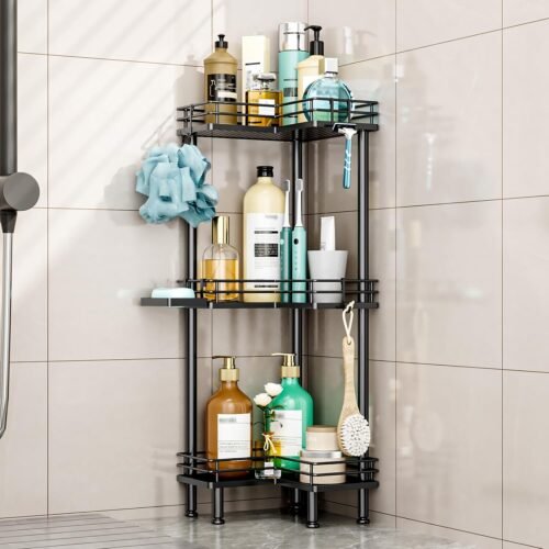 Corner Shower Caddy Standing - 3 Tier Shower Organizer Corner with Soap Holder, Rustproof Bathroom Standing Organizer with 4 Hooks, Black