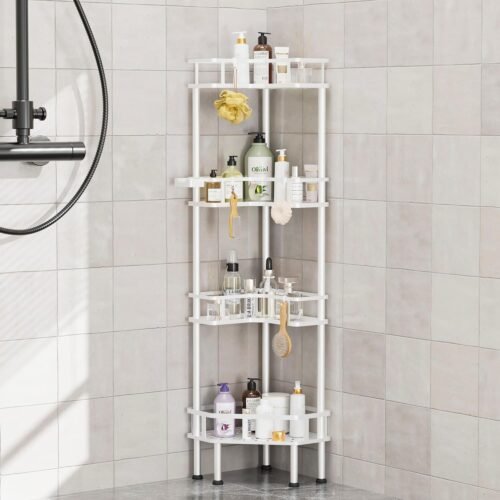 Corner Shower Caddy - 4 Tier Shower Organizer Corner Shelf Stand, Stainless Steel Standing Tall Floor Shower Shelf Rack Storage Stands for Bathroom Balcony Kitchen, No Drilling Shelves, White