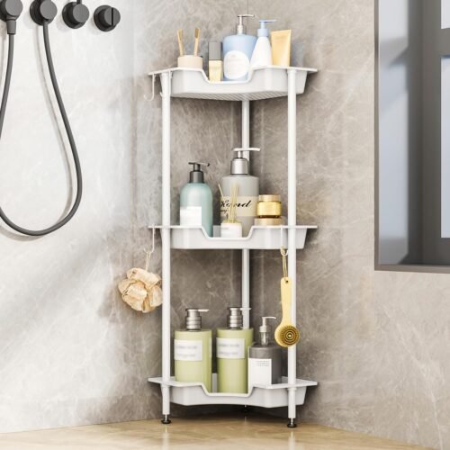 Corner Shower Caddy Standing - 3 Tier Floor Standing Shower Organizer with 4 Hooks, Plastic & Stainless Steel Waterproof Corner Stand Shower Shelf Storage Rack for Bathroom, Bathtub, White