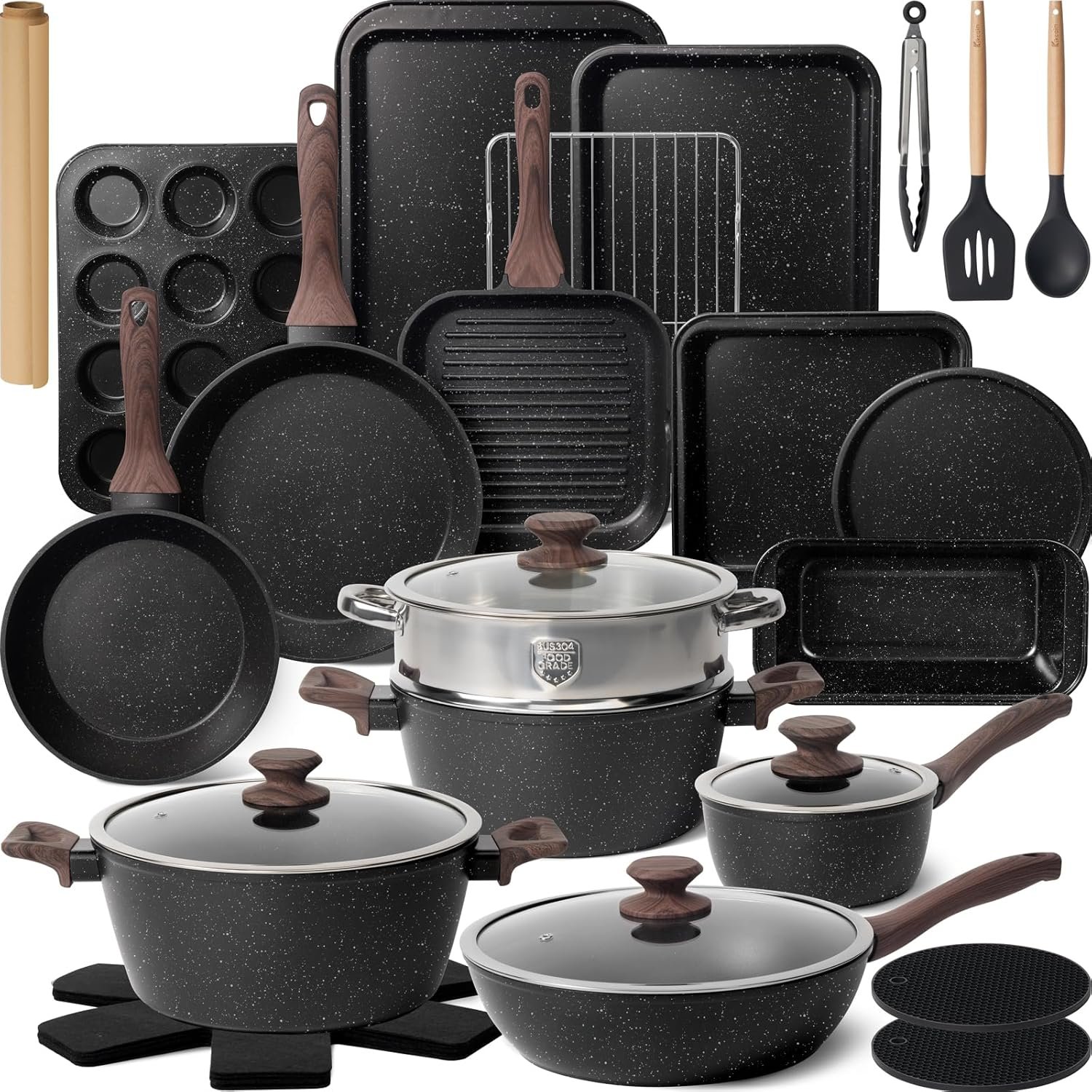 31 Pcs Kitchen Cookware Set, Non Stick Pots and Pans Set Nonstick Cooking Set with Grill Pan, Saucepan, Baking Sheet, Utensils