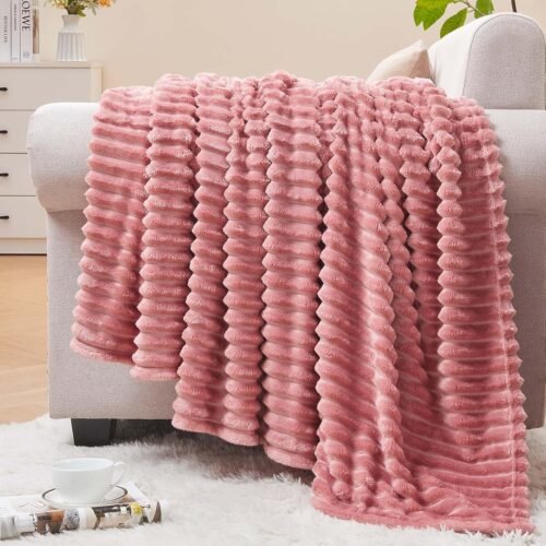 Fleece Throw Blanket for Couch – 3D Ribbed Jacquard Soft and Warm Decorative Fuzzy Blanket – Cozy, Fluffy, Plush Lightweight Pink Throw Blankets for Bed, Sofa, 50x60 inches