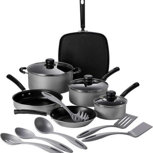 15-Piece Non Stick Cookware Set with Lids and Utensils, Aluminum Nonstick Pots and Pans Kitchen Set (Silver)