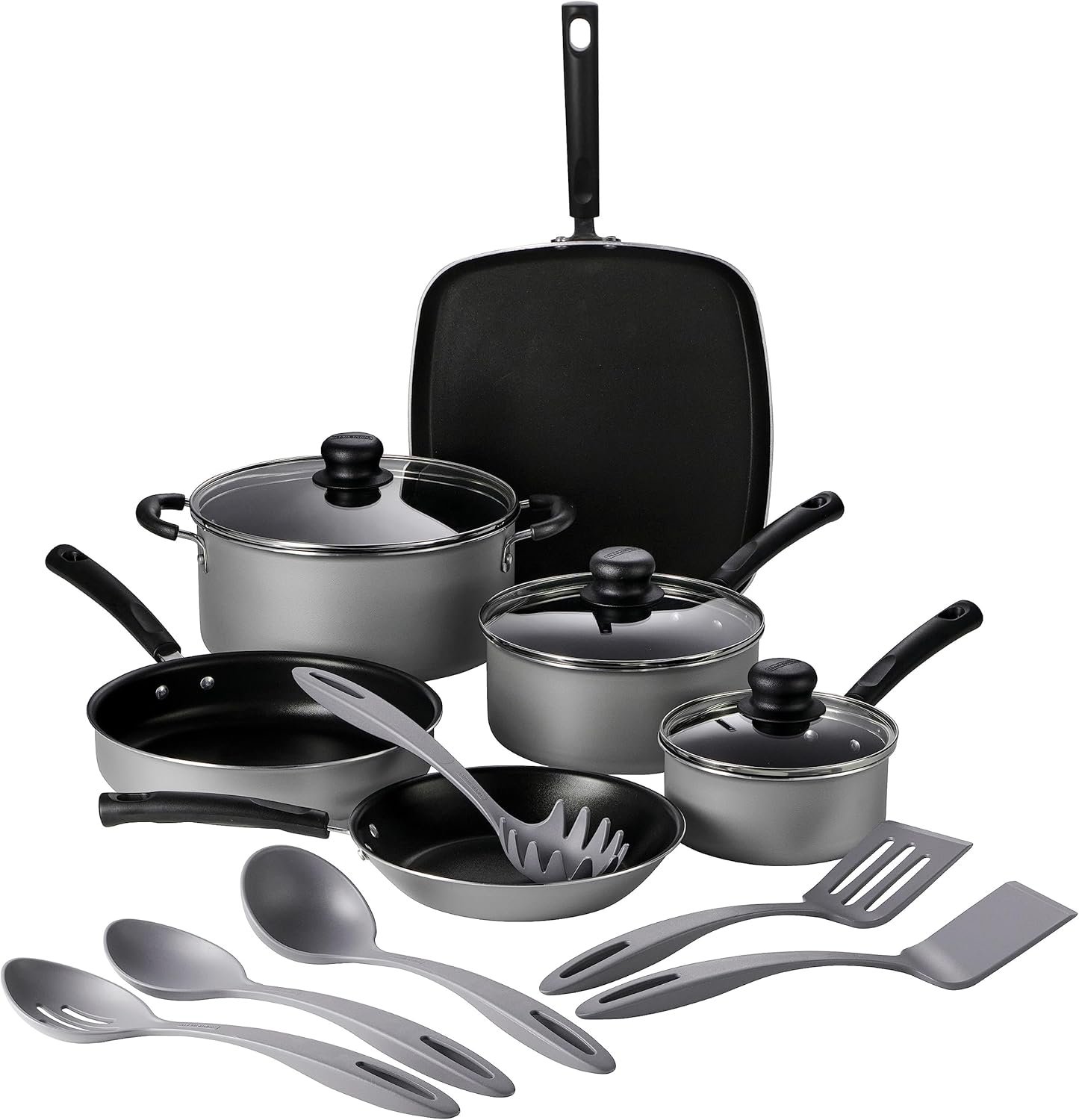 15-Piece Non Stick Cookware Set with Lids and Utensils, Aluminum Nonstick Pots and Pans Kitchen Set (Silver)