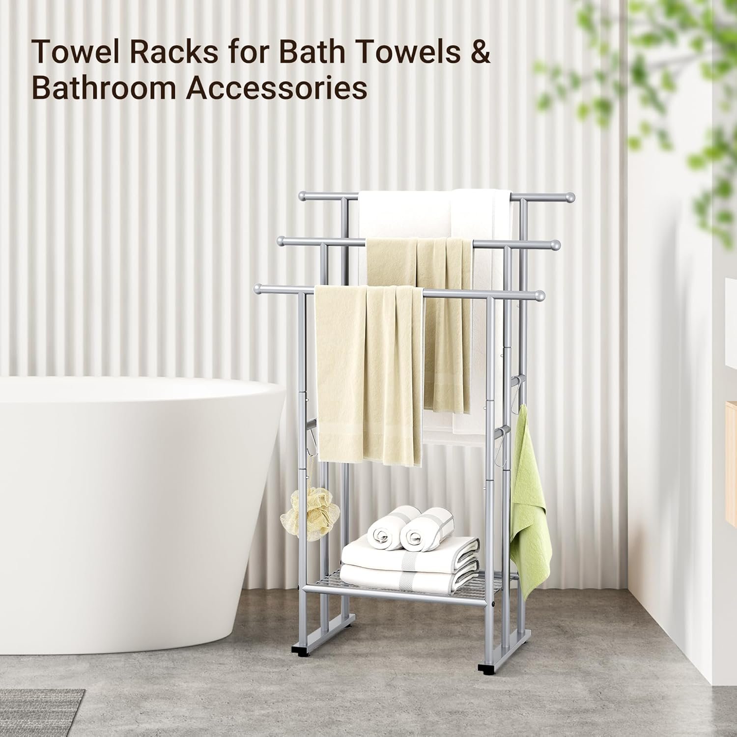 3 Tier Standing Towel Rack, 40'' Tall Towel Drying Rack Outdoor, Freestanding Floor Towel Rack with Shelf, Pool Towel Blanket Stand, Metal Towel Racks for Bathroom freestanding, Smooth Silver - Image 2