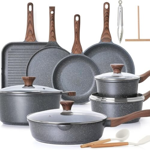 Nonstick Cookware Set 23-Piece, Non Stick Pots and Pans Set with Swiss Granite Coating, Non-toxic Kitchen Cooking Set, Stay-Cool Handles, PFOA Free