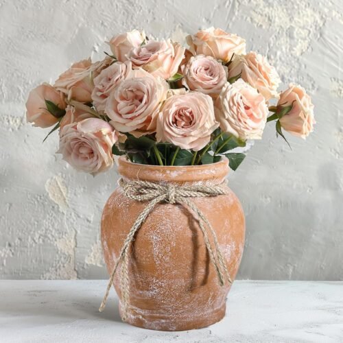 Terracotta Rustic Vase - Farmhouse Ceramic Flower Vase, Vintage Home Decoration, Clay Centerpiece for Table, Living Room, Bathroom, Shelf Decor, 6.5 Inch