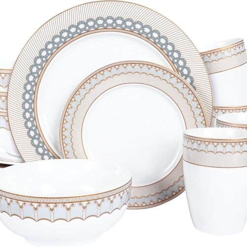16-Piece Porcelain Kitchen Dinnerware with Mug, Service for 4, Grey Fish Scale Pattern Plates, Bowls, Brown Dinner Set
