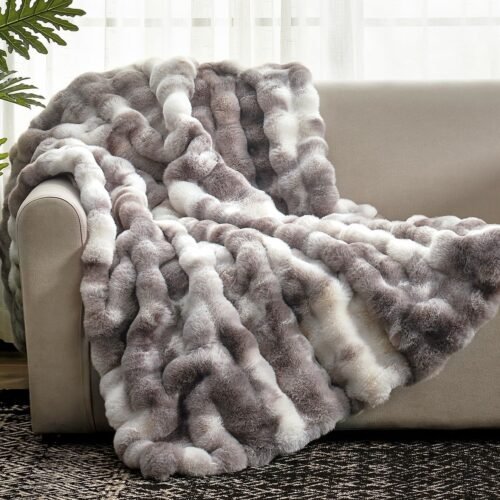 Faux Fur Throw Blanket for Couch, Fuzzy Soft Plush Thick Bubble Blanket for Sofa Bedroom Living Room, 50 * 60 Inches Tie-dye Taupe
