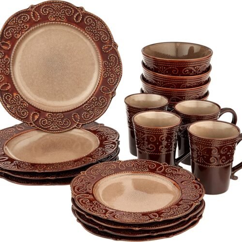 Round Decorated Stoneware Scallop Embossed Dinnerware Dish Set, 16 Piece,