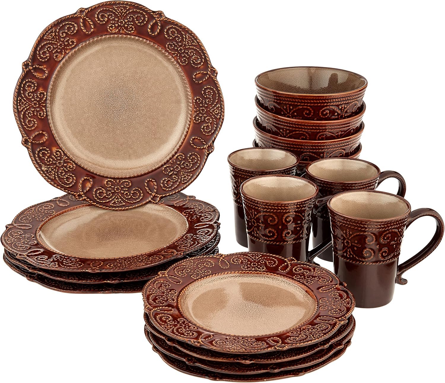 Round Decorated Stoneware Scallop Embossed Dinnerware Dish Set, 16 Piece,