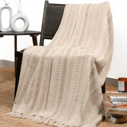 Farmhouse Throw Blanket Boho Living Room Decor Brown Cotton Stripe Cozy Bed Blankets with Fringe Soft and Luxury for Couch 50 x 60 Inches Warm Sand