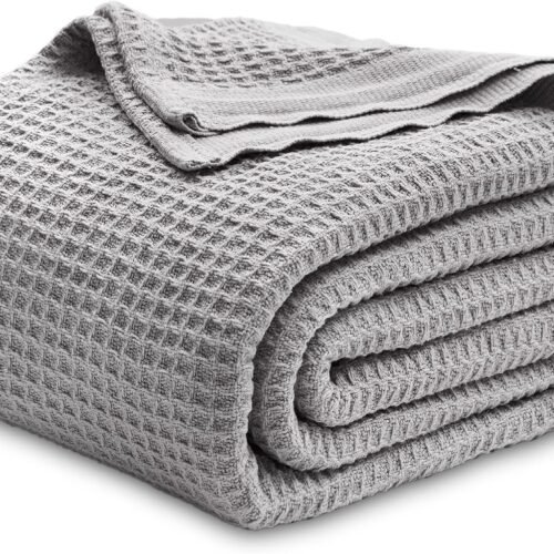100% Cotton Blanket Queen Size for Bed - Breathable and Soft, Waffle Weave Blanket for Summer Spring, Grey, 90x90 Inches